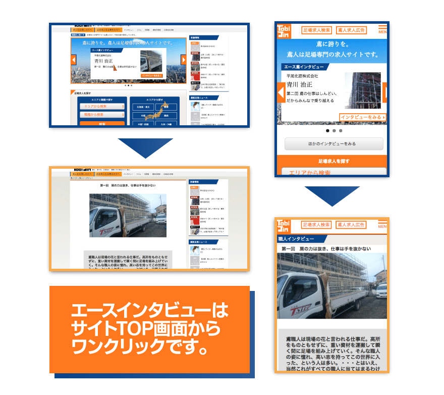 エースインタビューはサイトTOP画面からワンクリックです。